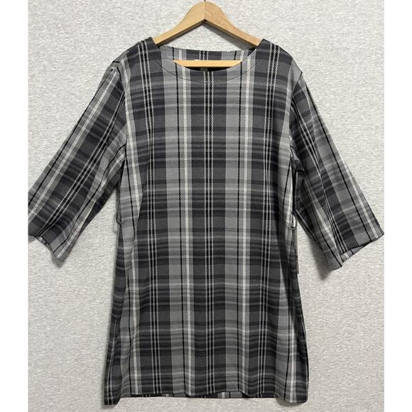 Calvin Klein Dresses & Skirts - Calvin Klein Knit Dress Womens 12 Black Gray Plaid 3/4 Sleeve Pullover Dressy